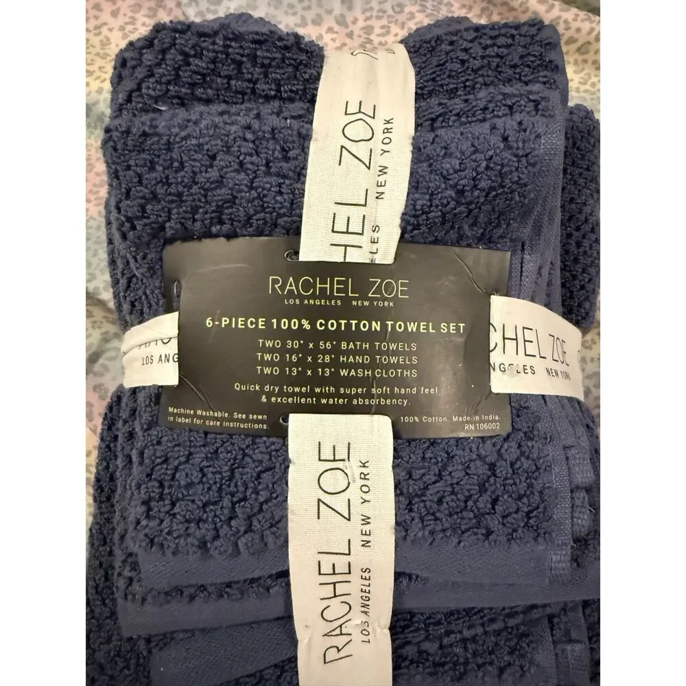 Rachel Zoe 6-Piece 100% Cotton Towel Set Neutral navy BLUE BNWT